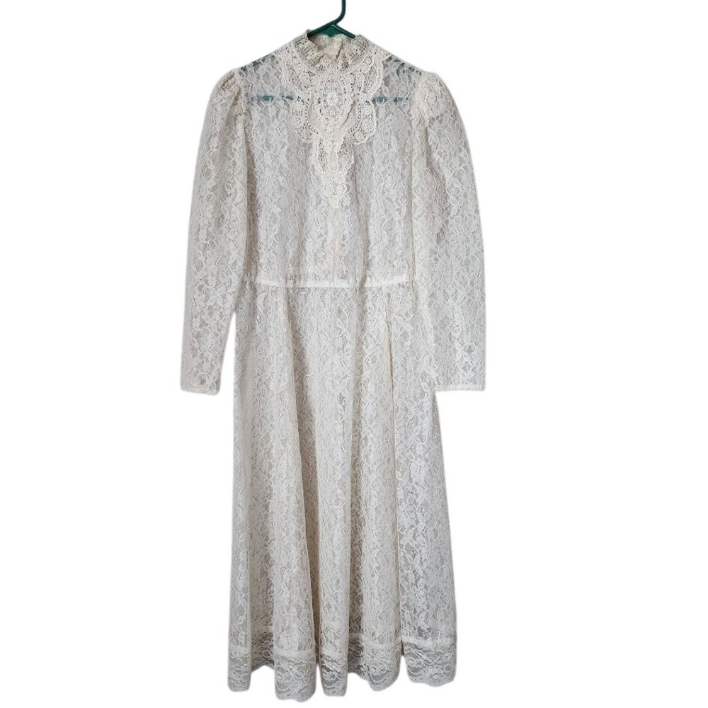 VINTAGE Ivory‎ Lace Prairie Wedding Dress High Neck Victorian Cottagecore